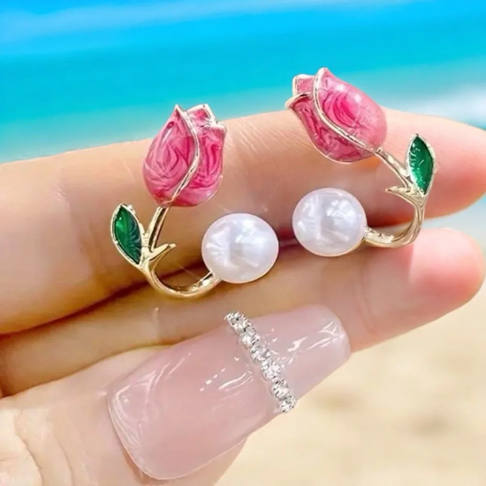 Stunning One Pair of Gold‎ Plated Elegant Pink Rose White Bead Ear Stud Earrings
